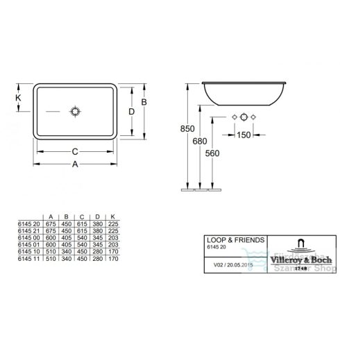 Villeroy & Boch Loop & Friends 60x40,5 beépíthető mosdó túlfolyóval, csaplyuk nélkül 6145 00 01 ( 61450001 )