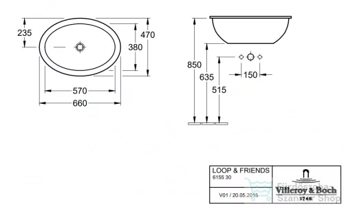 Villeroy & Boch Loop & Friends 66x47 beépíthető mosdó túlfolyóval, csaplyuk nélkül 6155 30 01 ( 61553001 )