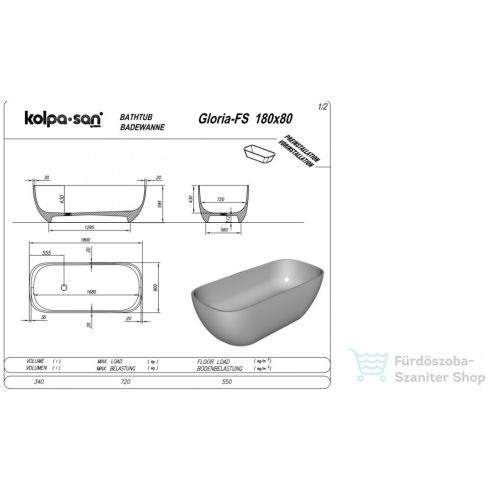 Kolpa San Gloria-FS 180x80 szabadon álló kád Kerrock anyagból  622640