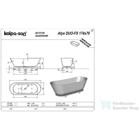 Kolpa San Atys Duo-FS 174x70 szabadon álló kád Kerrock anyagból  622760