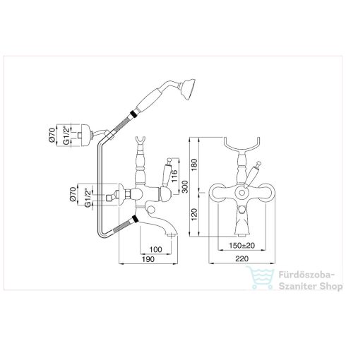 Bugnatese OXFORD kádtöltő csaptelep zuhanyszettel,sárgaréz 6302ON