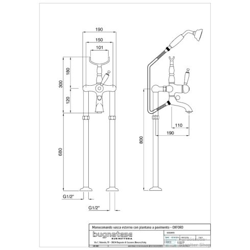 Bugnatese OXFORD szabadon álló kádtöltő csaptelep zuhanyszettel,sárgaréz 6302PON
