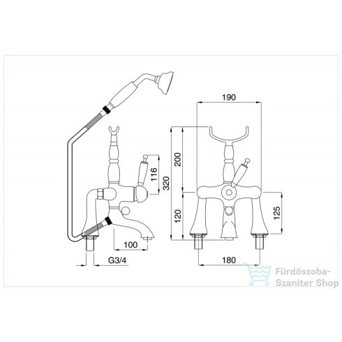 Bugnatese OXFORD peremre szerelhető kádtöltő csaptelep zuhanyszettel,króm/arany 6304CRDO