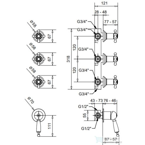 Bugnatese OXFORD Fal alatti 3 állású zuhanyváltó csempeszeleppel arany színben 6307DO