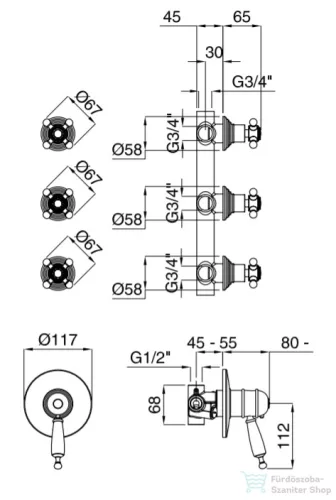 Bugnatese OXFORD Termosztátos fal alatti 3 állású csaptelep bronz színben 6309BR