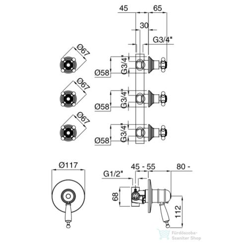 Bugnatese OXFORD Termosztátos fal alatti 3 állású csaptelep arany színben 6309DO