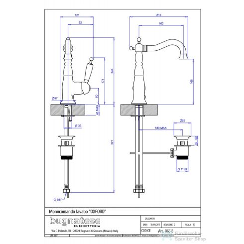 Bugnatese OXFORD mosdó csaptelep, automata leeresztővel, bronz 6313BR
