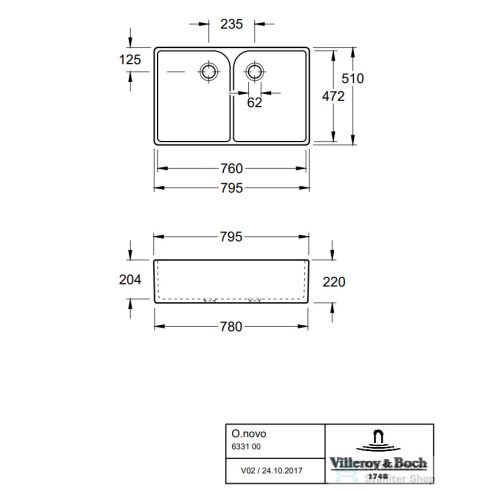 Villeroy & Boch O.Novo 79,5x51cm-es kétrészes mosogatómedence 6331 00 01 ( 63310001 )