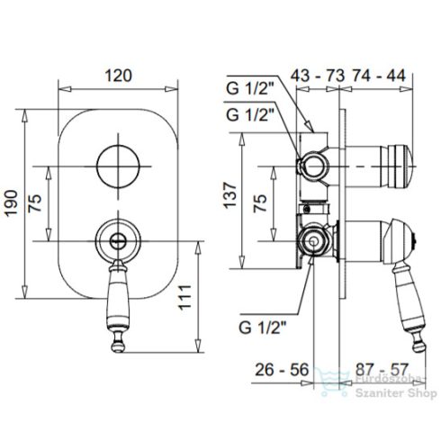 Bugnatese OXFORD falsík alatti 4 utas zuhanycsaptelep réz színben 6332RA