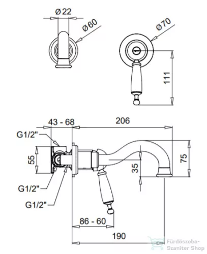 Bugnatese OXFORD falsík alatti mosdócsaptelep 19 cm-es kifolyóval,click-clack leeresztővel,króm/arany 6345SCCRDO