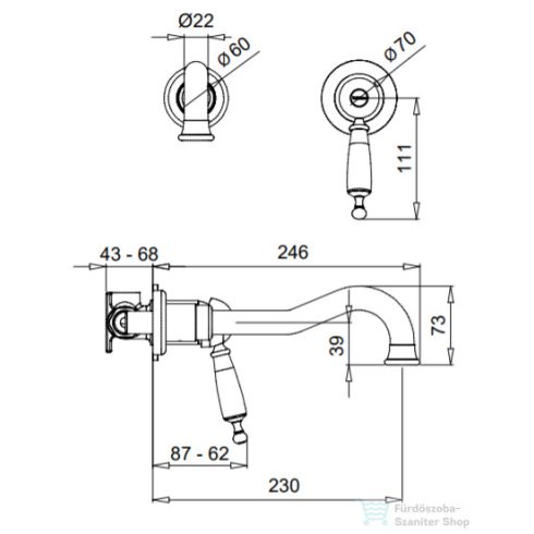 Bugnatese OXFORD falsík alatti mosdó csaptelep 23 cm-es kifolyóval,click-clack leeresztővel,belső egységgel,bronz 6346SCBR