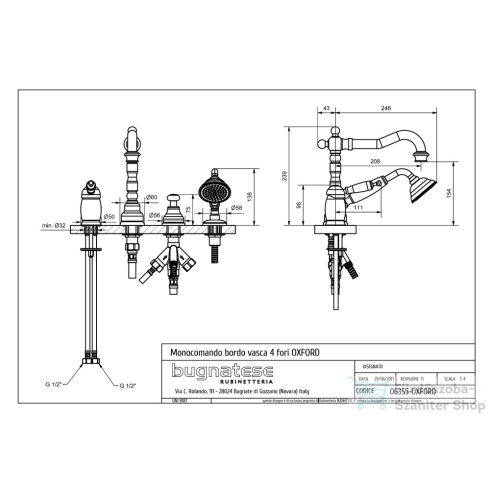 Bugnatese OXFORD Peremre szerelt, 4 üléses kádcsaptelep, bronz színben 6355BR