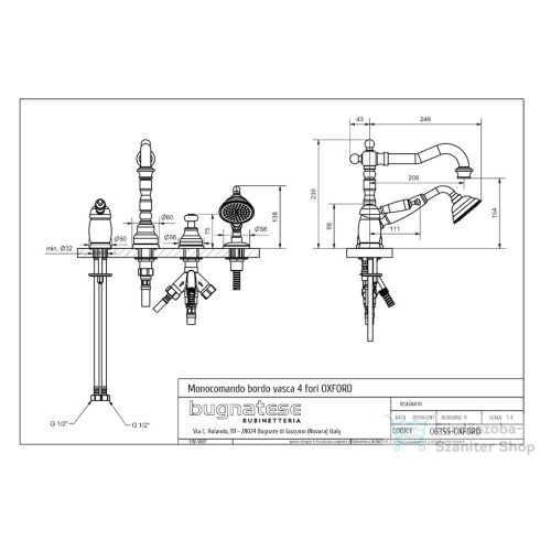 Bugnatese OXFORD peremre szerelhető 4 üléses kádtöltő csaptelep,sárgaréz 6355ON