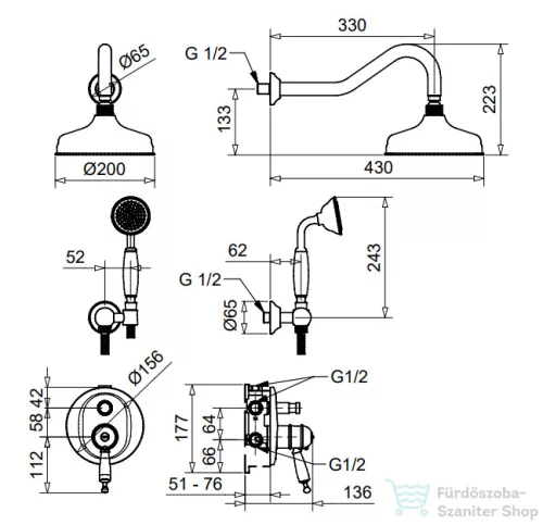 Bugnatese OXFORD termsztátos falsík alatti zuhanyrendszer 20 cm-es fejzuhannyal,kézizuhannyal,króm/arany 6364CRDO