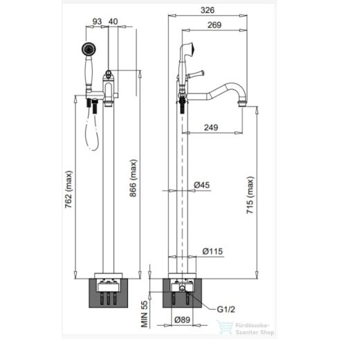 Bugnatese DENVER szabadonálló kádcsaptelep, zuhanyszettel, króm színben 60460CR