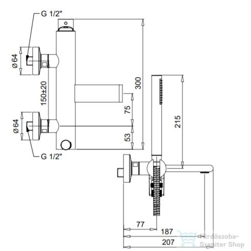 Bugnatese SIMPLE kádtöltő csaptelep zuhanyszettel,PVD fekete 6602PT