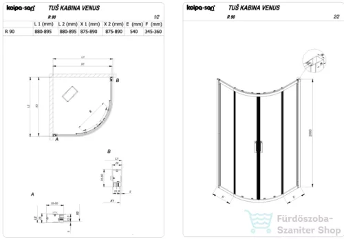 Kolpa San VENUS R 90x90 cm-es, íves, tolóajtós zuhanykabin átlátszó üveggel, króm 660510
