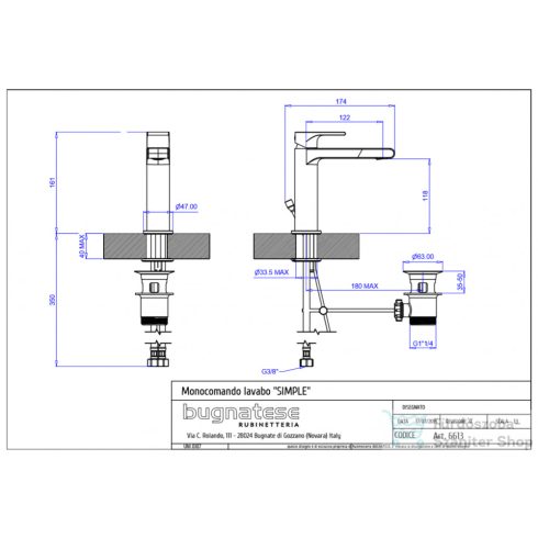Bugnatese SIMPLE mosdó csaptelep, automata leeresztővel,  matt fehér 6613BI