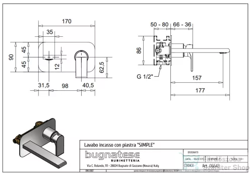 Bugnatese SIMPLE falsík alatti mosdó csaptelep 15,7 cm-es kifolyóval,belső egységgel,click-clack leeresztővel,króm 6643SCCR