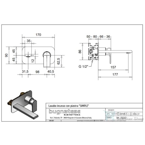 Bugnatese SIMPLE falsík alatti mosdó csaptelep 15,7 cm-es kifolyóval,belső egységgel,click-clack leeresztővel,Pasztell zöld 6643SCVP