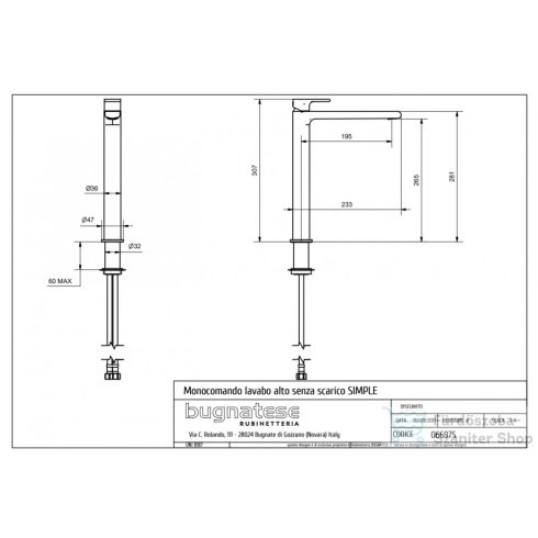 Bugnatese SIMPLE magasított mosdó csaptelep leeresztő nélkül,PVD fényes rame 6697SPR