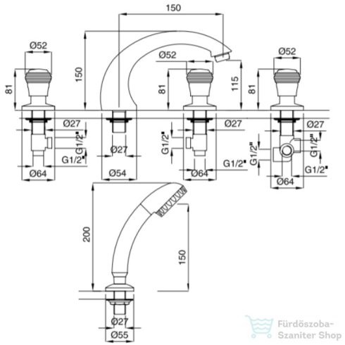 Bugnatese AXO Peremre szerelt 5 üléses kádcsaptelep, króm 680