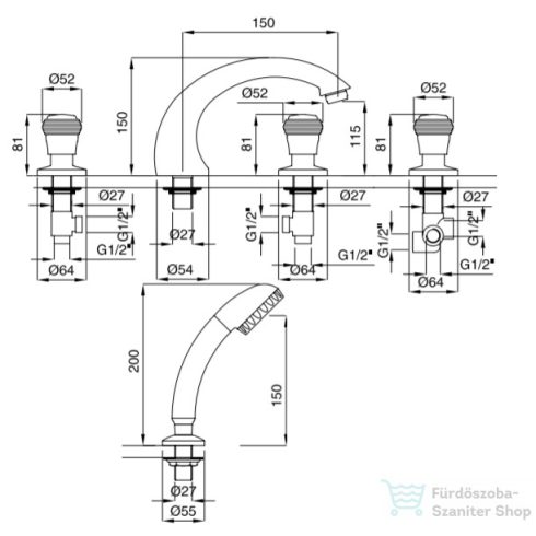 Bugnatese AXO MINERATO Peremre szerelt, 5 üléses kádcsaptelep, króm 680M