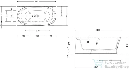 Duravit CAPE COD 190x90 cm-es kád illesztési nélküli előlappal,bal oldali sarokba 700362000000000