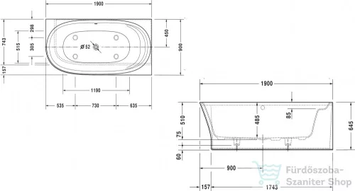 Duravit CAPE COD 190x90 cm-es kád illesztési nélküli előlappal,jobb oldali sarokba 700363000000000