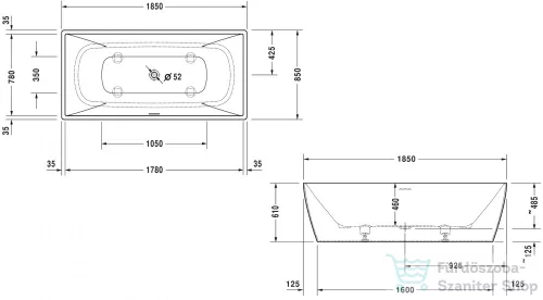 Duravit DURASQUARE 185x85 cm-es szabadonálló kád illesztés nélküli előlappal,speciális lefolyóval,700430000000000