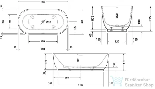 Duravit LUV 180x85 cm-es szabadonálló kád illesztés nélküli előlappal,speciális lefolyóval,700434000000000