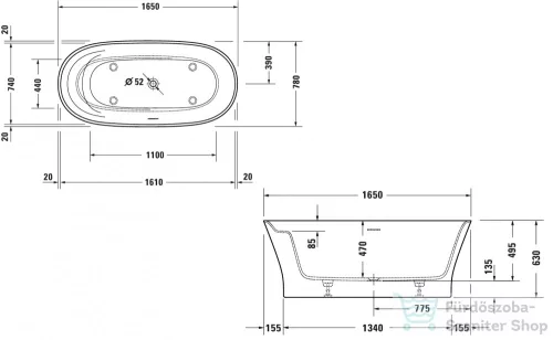 Duravit CAPE COD 165x78 cm-es szabadonálló kád illesztés nélküli előlappal,speciális lefolyóval,700459000000000