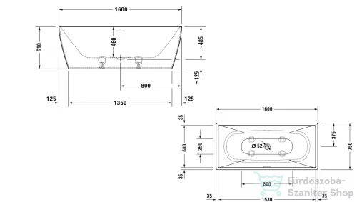 Duravit DURASQUARE 160x75 cm-es szabadonálló kád illesztés nélküli előlappal,speciális lefolyóval,700460000000000
