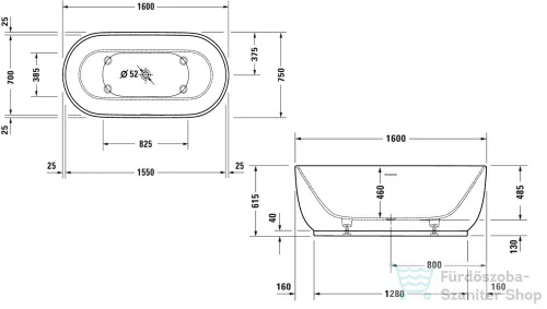 Duravit LUV 160x75 cm-es szabadonálló kád illesztés nélküli előlappal,speciális lefolyóval,700461000000000