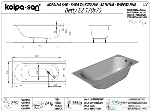 Kolpa San BETTY E2 SLIM 170x75 cm-es, beépíthető akril kád, fehér 705340