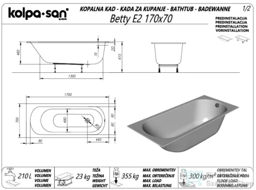 Kolpa San BETTY E2 SLIM 170x70 cm-es, beépíthető akril kád, fehér 705350