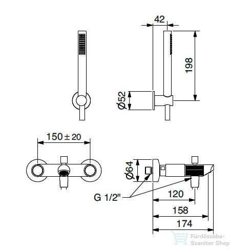 Bugnatese MOON kádtöltő csaptelep zuhanyszettel,matt fekete 7102NE