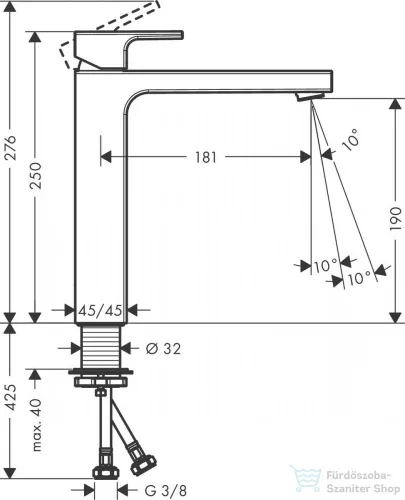 Hansgrohe VERNIS SHAPE 190 magasított mosdó csaptelep,leeresztő nélkül, matt fekete 71591670