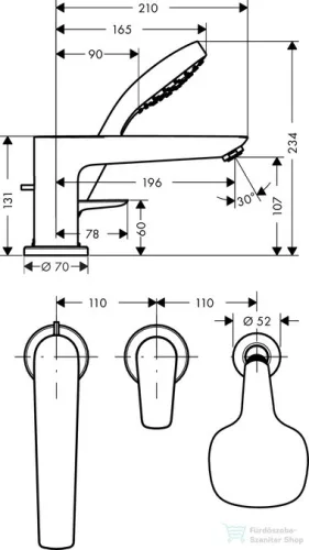 Hansgrohe TALIS E 3-lyukú, peremre szerelhető kádcsaptelep, króm 71731000