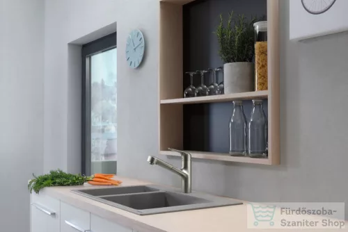 Hansgrohe FOCUS M42 mosogató csaptelep kihúzható kifolyóval,1 jet, nemesacél felület 71814800