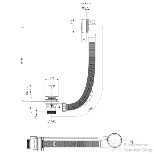 Sapho POLYSAN kád le- és túlfolyó, bovdenes, 600mm, átm.:72mm, króm (71850)