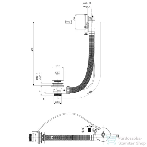 Sapho POLYSAN kád le- és túlfolyó, kádtöltővel, bovdenes, 600mm, átm.:72mm, króm (71851)
