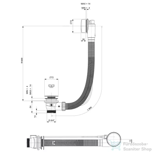 Sapho POLYSAN kád le- és túlfolyó, bovdenes, 800mm, átm.:72mm, króm (71852)