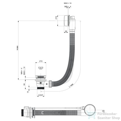 Sapho POLYSAN kád le- és túlfolyó, bovdenes, 1000mm, átm.:72mm, króm (71854)