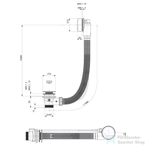 Sapho POLYSAN kád le- és túlfolyó, bovdenes, 1000mm, átm.:72mm, króm (71854)