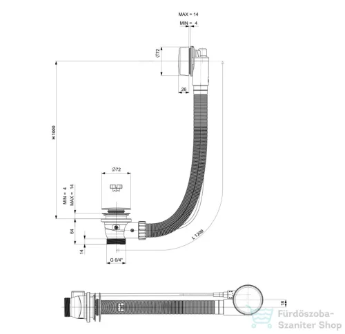 Sapho POLYSAN kád le- és túlfolyó, bovdenes, 1200mm, átm.:72mm, króm (71856)