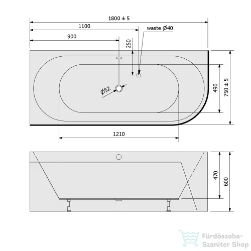 Sapho POLYSAN VIVA L MONOLITH asszimetrikus kád, 180x75x60cm (72099M)
