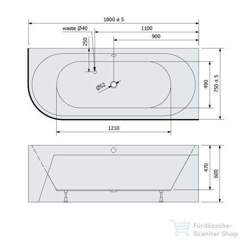 Sapho POLYSAN VIVA R MONOLITH asszimetrikus kád, 180x75x60cm (72129M)
