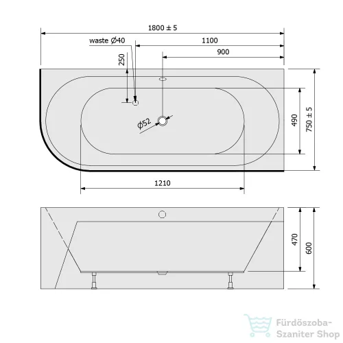 Sapho POLYSAN VIVA R MONOLITH asszimetrikus kád, 180x75x60cm (72129M)