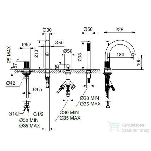 Bugnatese MOON 4 üléses peremre szerelhető kádtöltő csaptelep zuhanyszettel,szálcsiszolt arany 7255OS